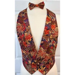 Vintage 80s 90s Men’s Colorful Floral Brocade Backless Vest and Bow Tie Size M/L